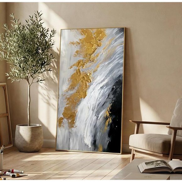 Hand-Painted Gold Abstract Oil Painting on Canvas for Entrance-Hall Framed Whit